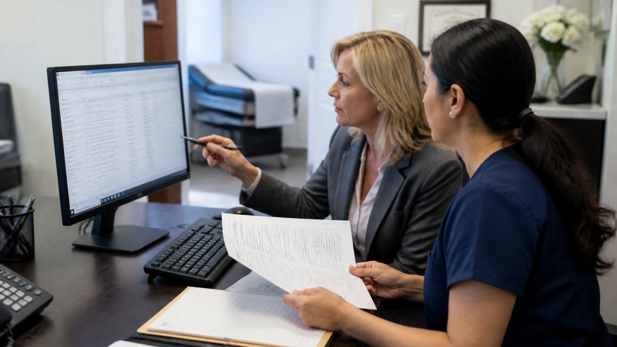 A practice manager and billing specialist reviewing denial and accounts receivable reports on a desktop monitor in a small medical office, with a printed aging report and notebook on the desk