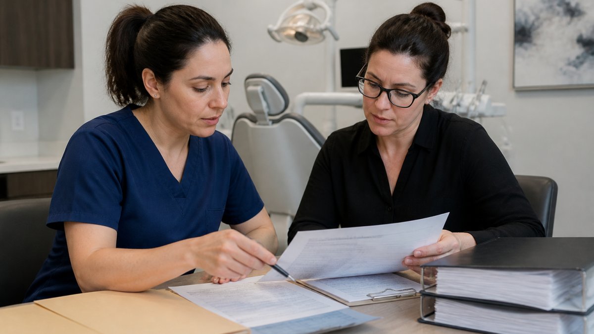 Dental professional and office administrator reviewing medical dental crossover billing records at a clinic desk