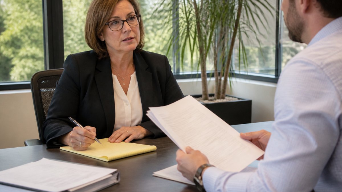 Professional practice manager reviewing security documentation and taking notes during a vendor assessment meeting in a modern office setting with natural window lighting